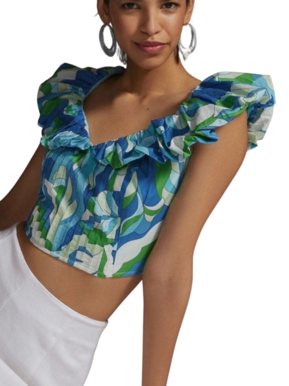 Anthropologie Blue Green White Ruffle Crop Top